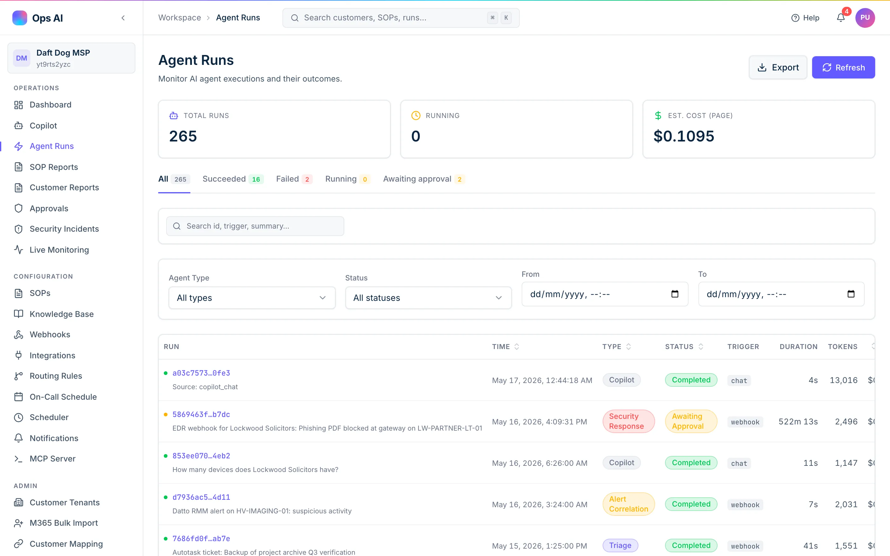 Agent runs list showing 265 total runs with type, status, duration, tokens, and cost columns; security response and triage runs visible with approval-awaiting and completed statuses
